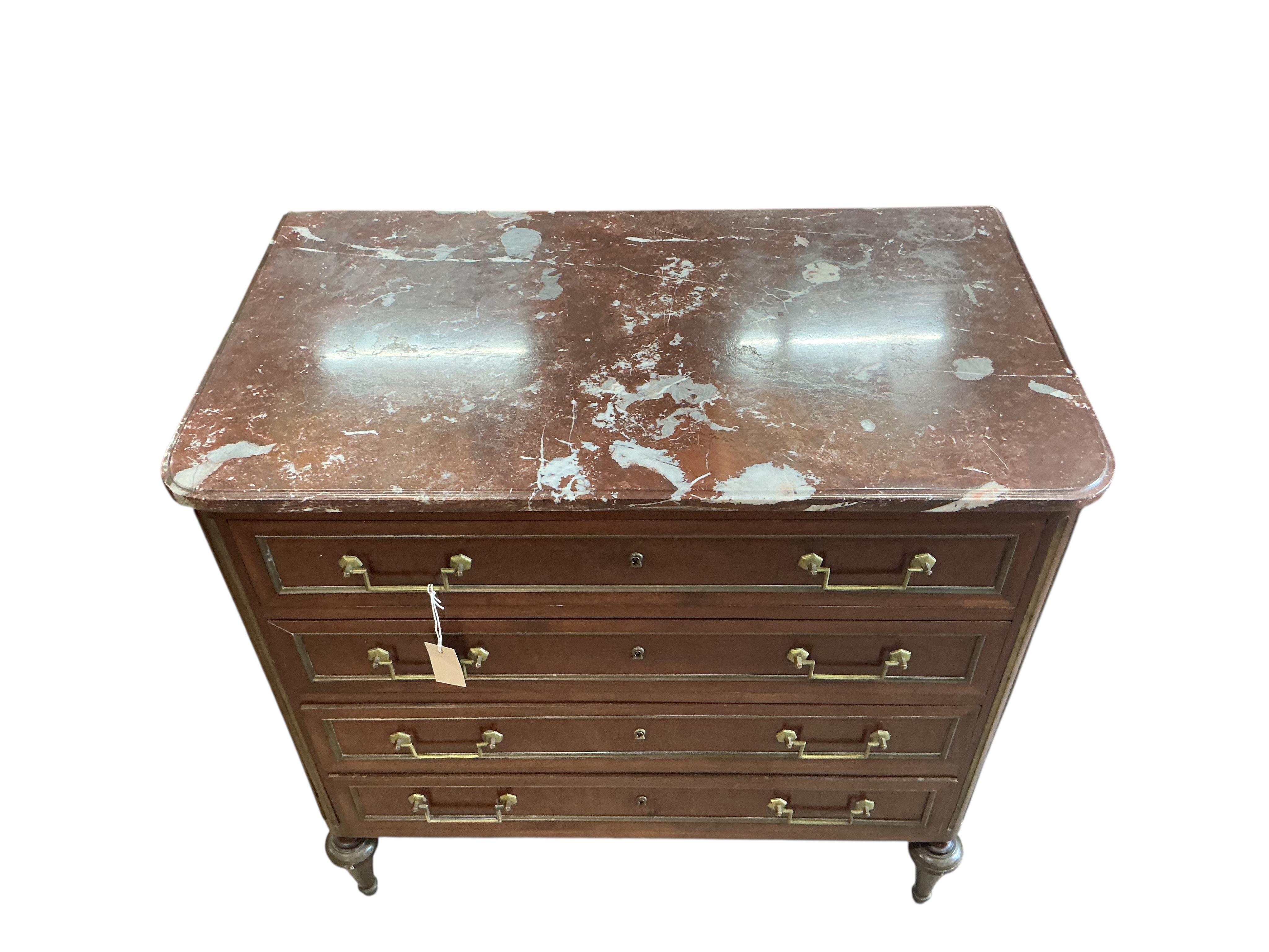 A Louis XVI style brass mounted marble top mahogany commode, makers label Alfred Whimpen, width 90cm, depth 52cm, height 88cm